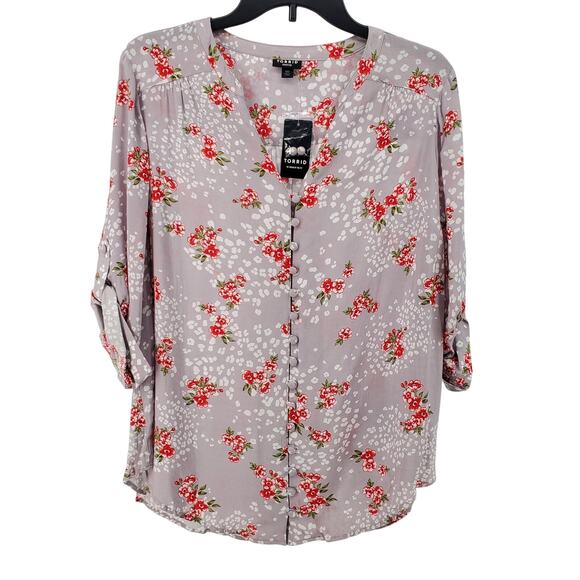 Torrid Womens Size 00=10 Blouse Harper Challis Leopard Floral Print Gray Red New - Picture 1 of 6